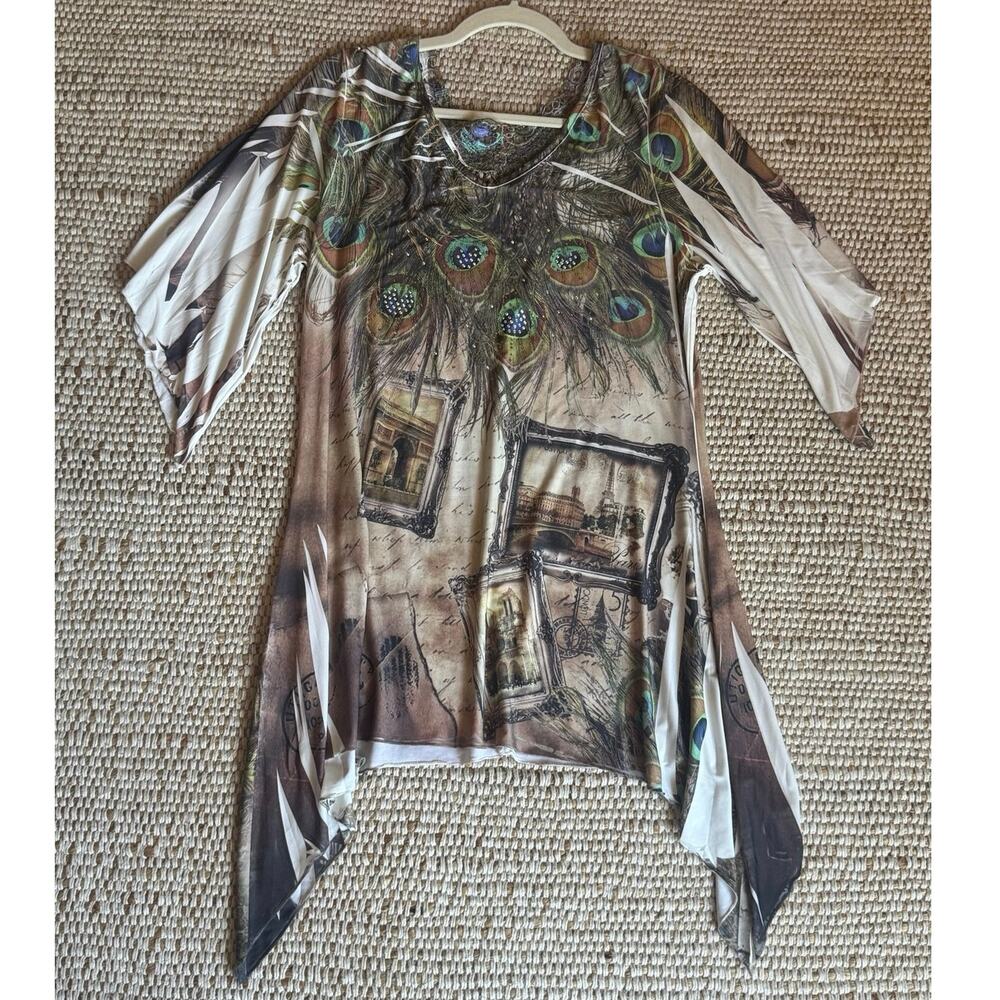 Reina Y2K Peacock Rhinestone Lace Paris Graphic Tunic Top Asymmetrical Hem XS-L